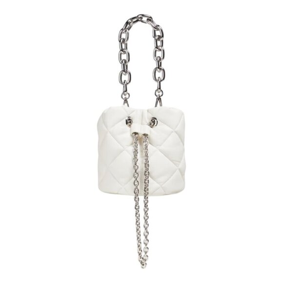 STAND STUDIO Yvette Diamond Quilted Bucket Bag, White | Silver, NWT - Picture 1 of 16